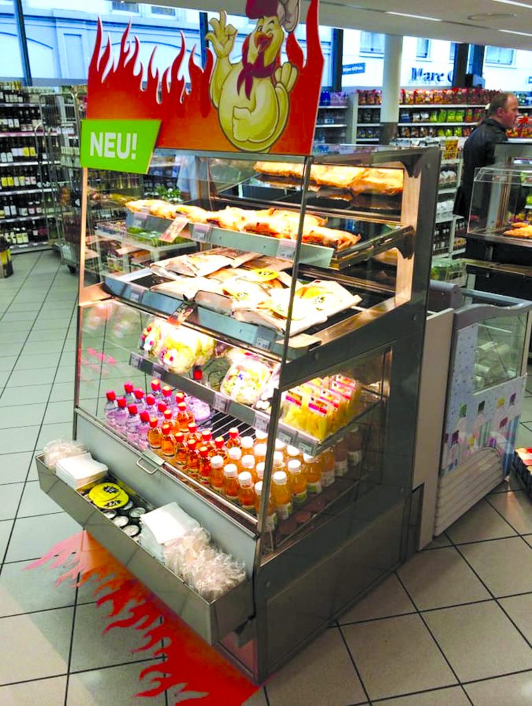 50 Vienna Series Slimline Vertical Dual Temperature Hot Over Cold Self-Service Display with Custom Front Condiment Rail